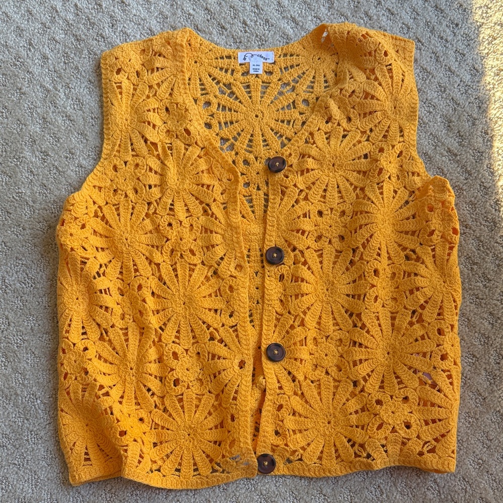 Crochet Button-Front Vest - Yellow